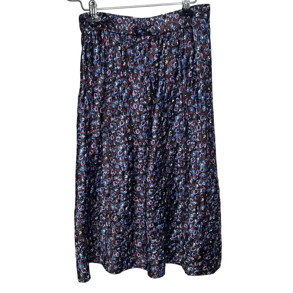 Ganni Floral Print Crinkled Stretch Satin Pencil Midi Skirt Black/Purple/Blue 40 - Picture 7 of 11